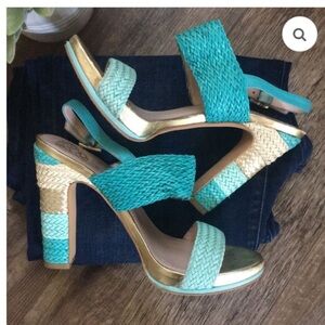 EUC VINCE CAMUTO Adrien Woven Platform Sandals, Sz US 7.5 , EU 37 1/2